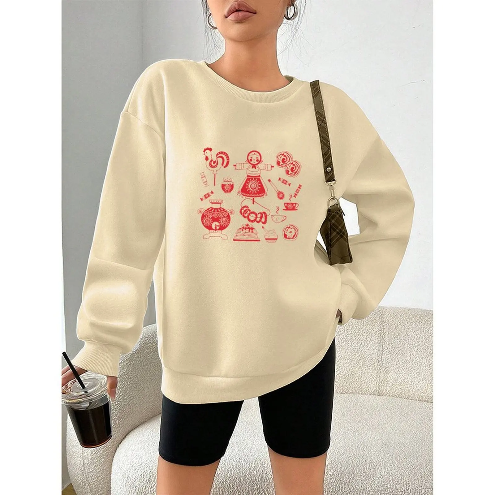 

Round Neck Women's Sweatshirt Long Sleeve Pullovers Velvet Winter Casual Novy God Russian New Year Printed Pattern Sweater