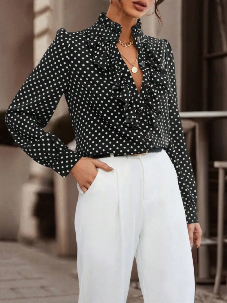 Women Vintage Polka Dot Print Shirt Elegant Tops 2024 Autumn New Fashion Ruffles Patchwork Stand Neck Long Sleeve Shirts Blouses