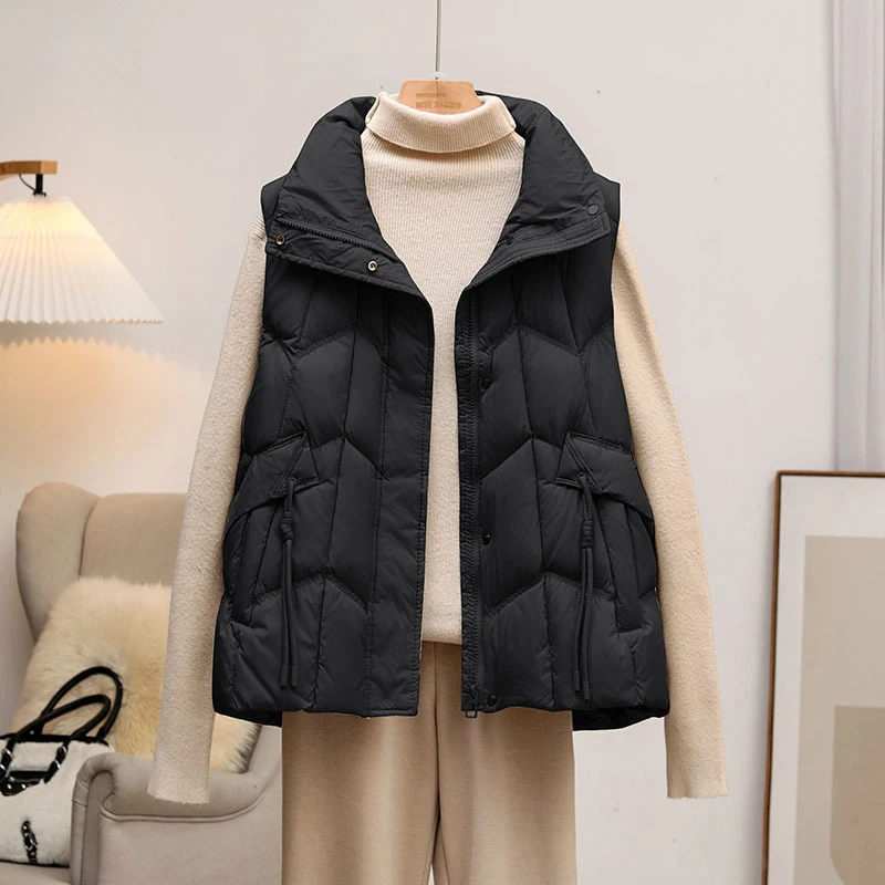 Schinteon-Chaleco de plumón de pato blanco para mujer, chaqueta sin mangas, informal, Color sólido, Top sencillo para Otoño e Invierno, novedad de 2025