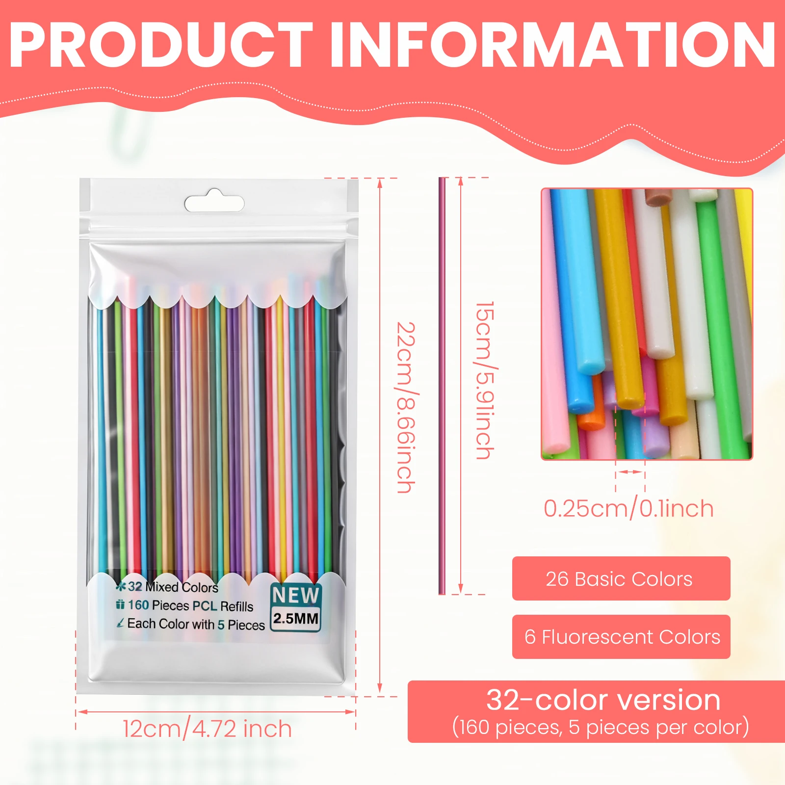 160/250/300Pcs 32 Colors 3D Pen Filament Refills Compatible with 3Doodler Start+ 2.5mm 3D Printer Doodler Pen Refill Packs