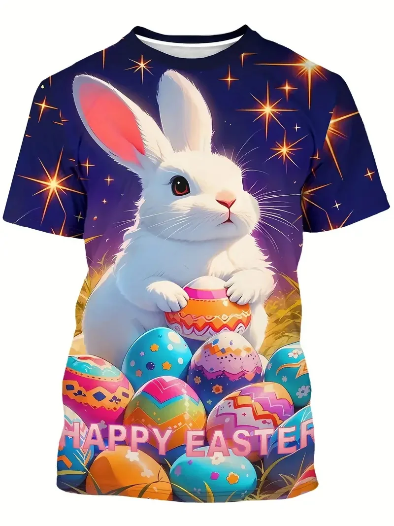 

Fashion 2025Komic Easter Rabbit Men's T -shirt tops 3d printing cute rabbit eggs with t -shirts summer round for men