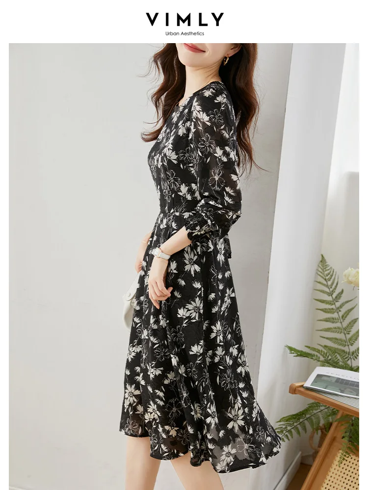 Vimly Elegant Fairycore Floral Black Dresses for Women 2023 Spring Chiffon A-line Slim Belt O-Neck Long Sleeve Midi Casual Dress