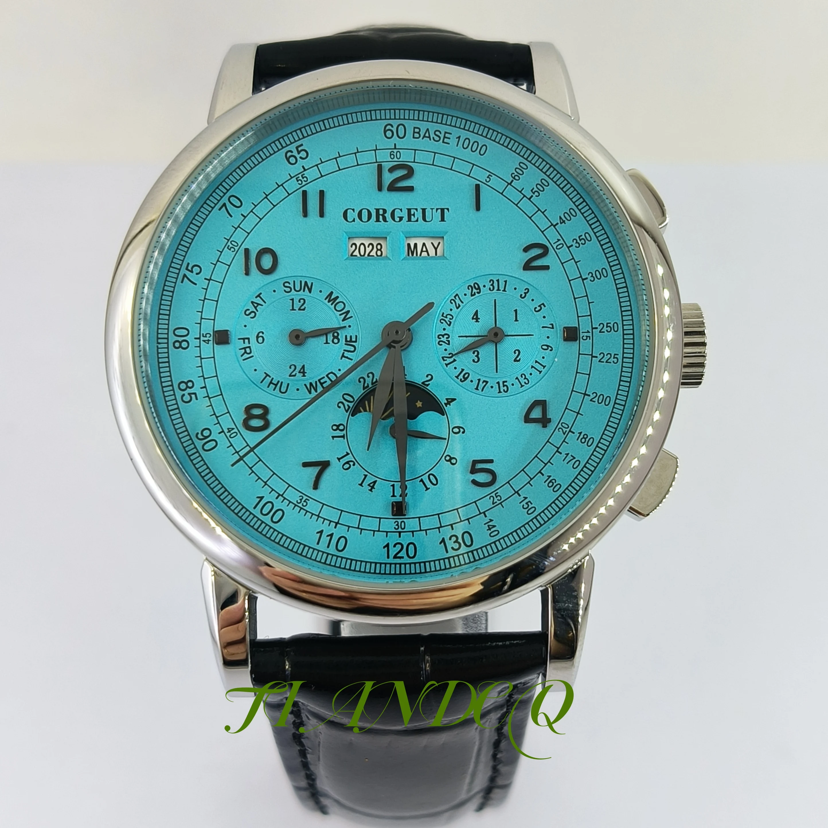 42MM Men's Watch Seagull ST1655 Auto Movement Year Date Multifunctional Indicator Sun and Moon Leather Band Polished Silver