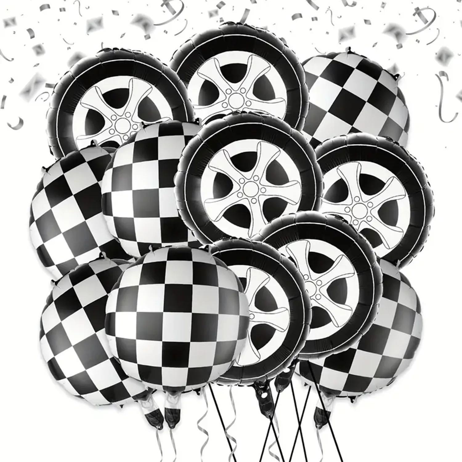 12 Stück/Set 18 Zoll Rennreifen Schwarz-Weiß Karierte Folienballons Rennsport Geburtstagsparty-Zubehör für Jungen Rennwettbewerb – Detail 4