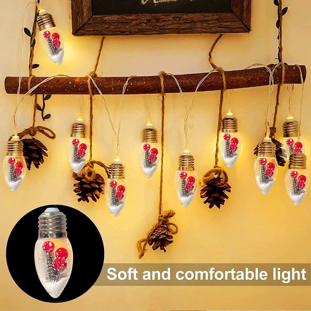 1pc LED Christmas Snowball Bulb String Light With Xmas Tree And Red Berries Holiday Fairy Lights Battery Powered For Home Decor