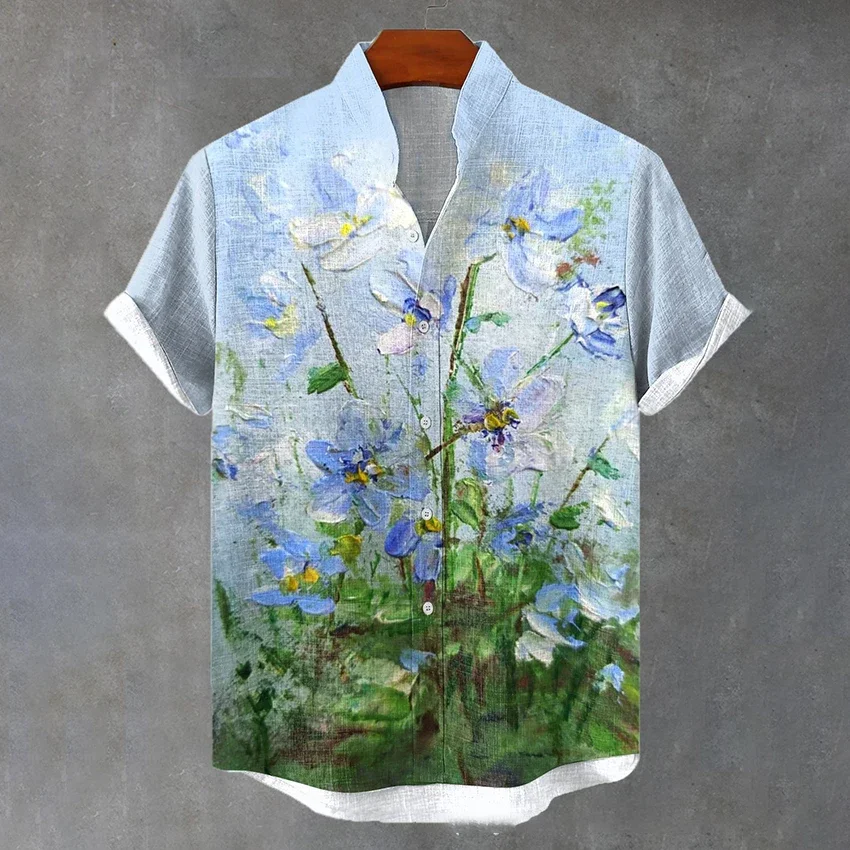 Short sleeved landscape printed shirt, men's loose bamboo linen casual shirt, stand up collar, foreign trade, new fashion