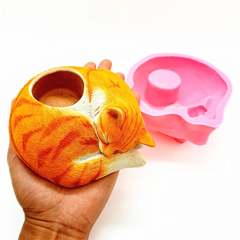 Cute Sleeping Cat Flower Pot 3D Silicone Mold Resin Gypsum Candle Concrete Crystal Drop Glue Tool DIY Handmade Ornament Crafts