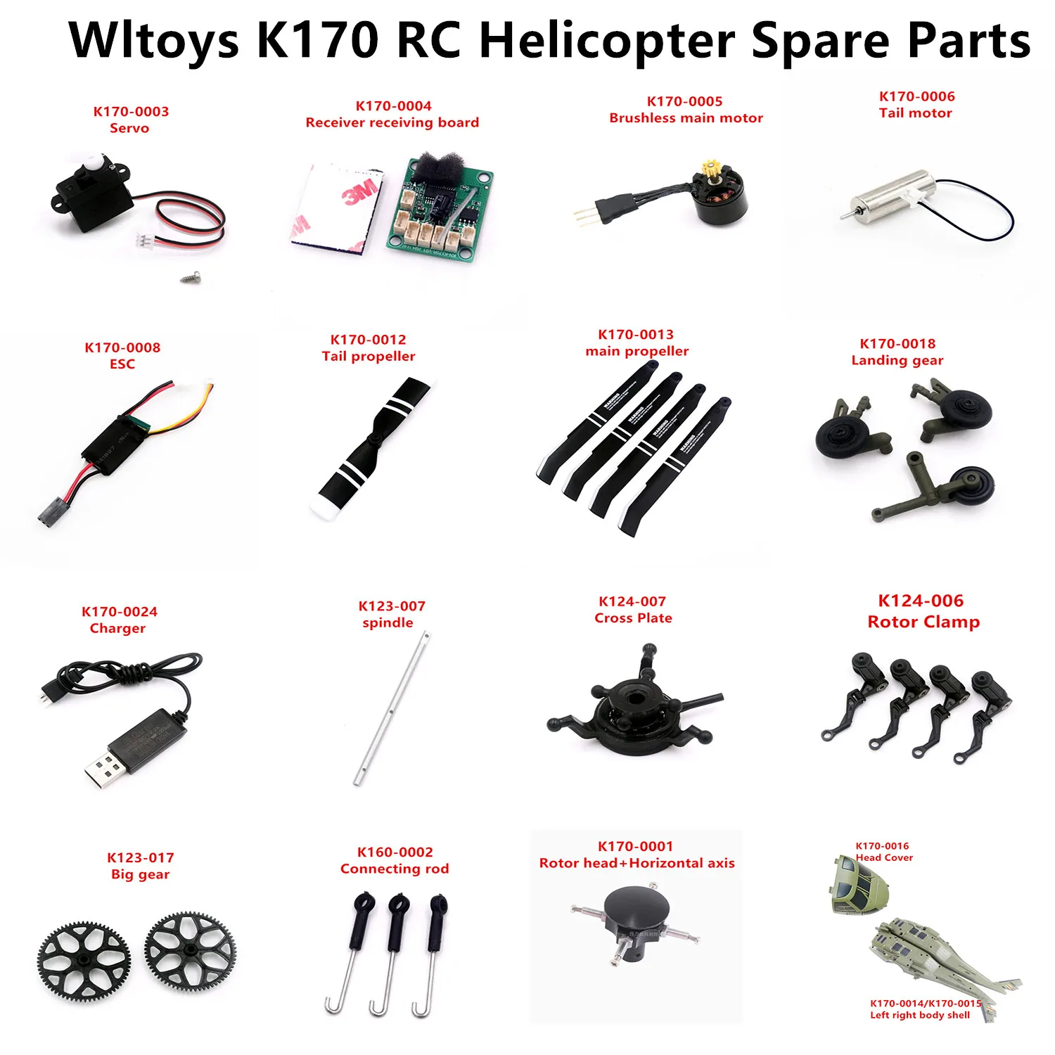 

Wltoys XK K170 Запасные части для радиоуправляемого вертолета Пропеллер Мотор Приемник Сервопривод ESC Шасси Винтовая шестерня Основный вал Поперечная пластина и т. д.