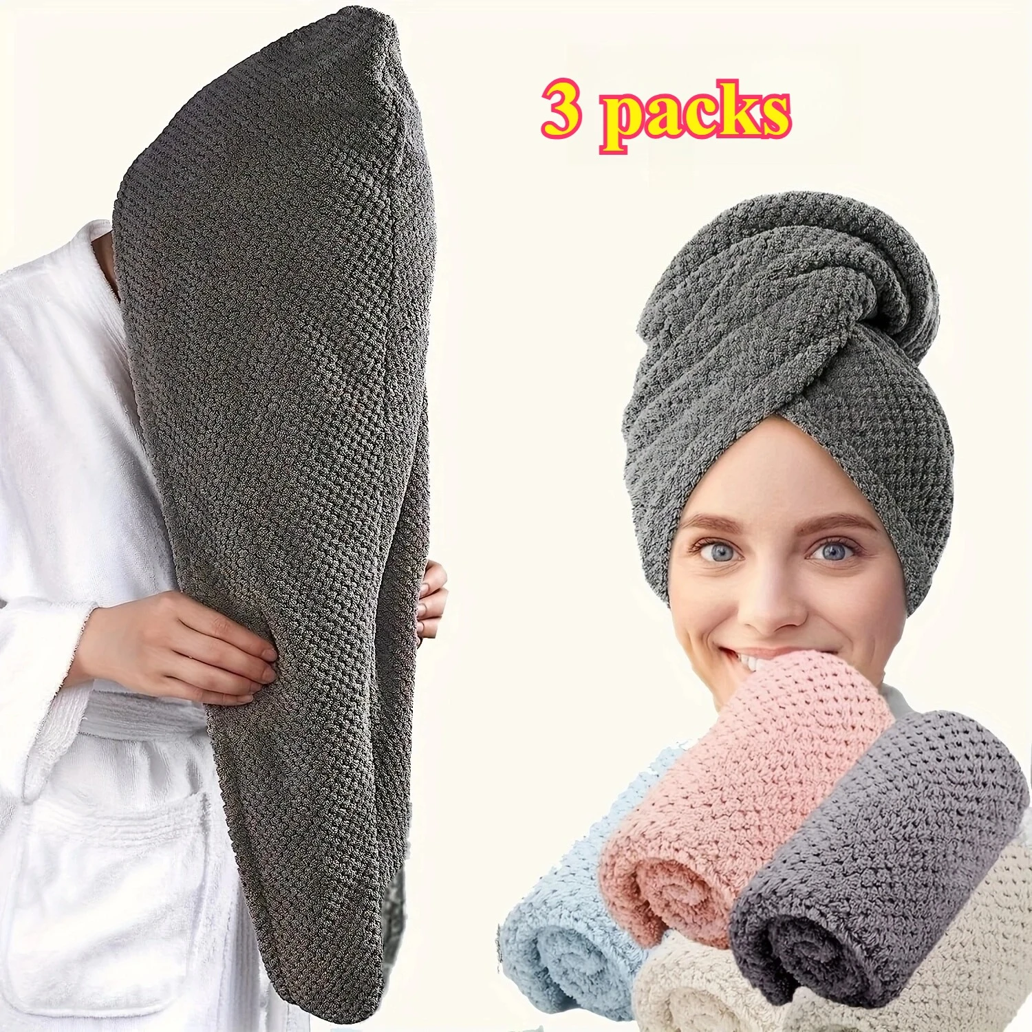 3packs Dry Hair Caps Towel Solid Hair Towel Textured Dry Hair Cap 9.8 