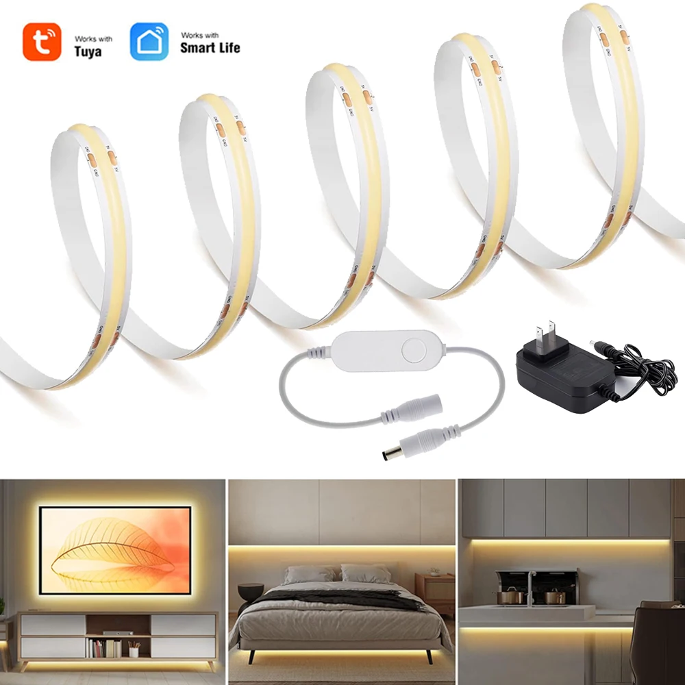 

TUYA Wifi LED Light Strip Full KIT Single Color COB Led Dimmable DC 12V 24V Tape APP Voice Smart Control for Home Lighting Decor