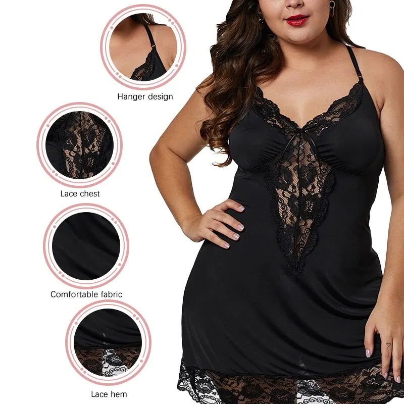 Women\'s Sexy Spaghetti Straps Lingerie Nightwear Plus Size Lace Pajamas Sleeveless Soft And Comfortable Solid Color Home Clothes