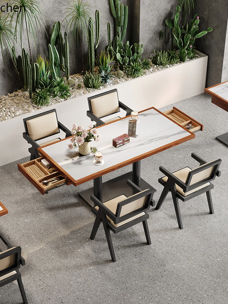 

ZML Solid Wood Rock Plate Dining Table with Storage Drawer Cafe Small Square Table Restaurant Dining Shop Table and Chair