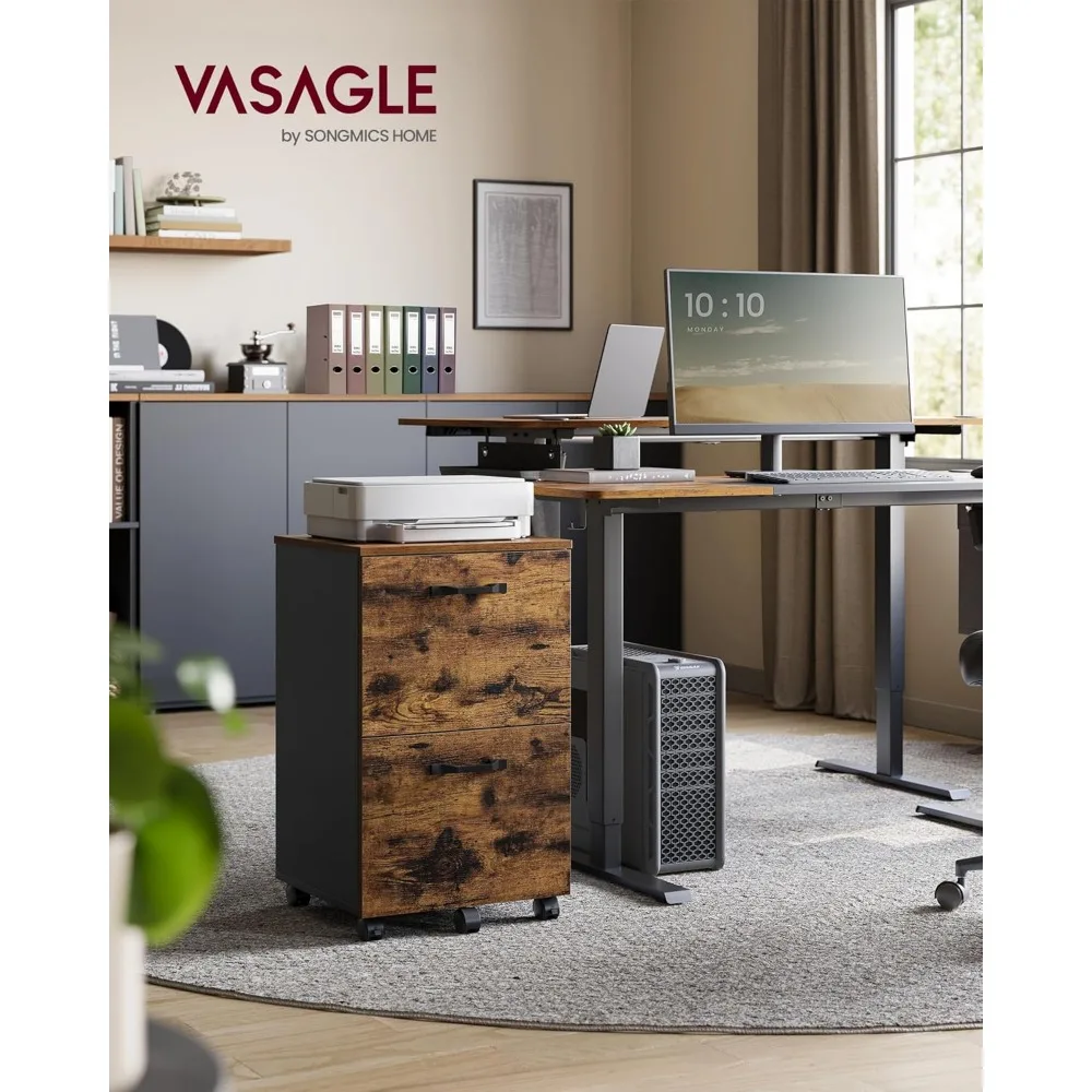 

2-Drawer Rolling File Cabinet with Lockable Casters, Space-Saving Office Storage for A4/Letter Documents, Rustic Brown