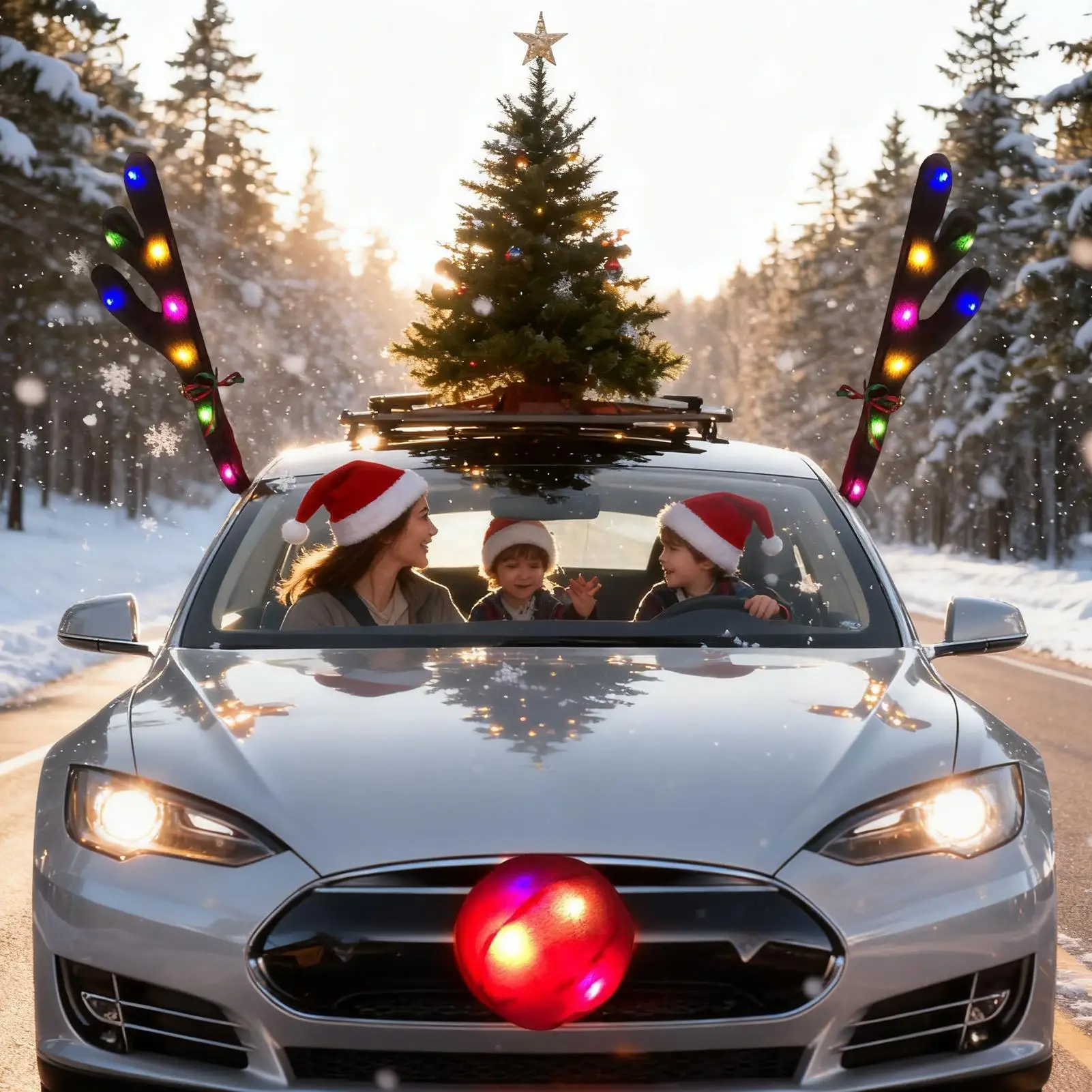 

LED Reindeer Antlers Car Decor Kit with Red Nose & Tail for Christmas Holiday Automotive SUV Truck Van Universal Fit