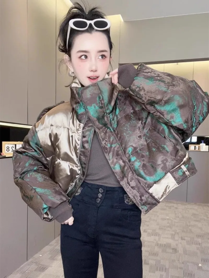 2024 Winter Color Contrast Dyeing Printed Short Down Jacket Women's Fashion Trend New Thickened Stand Up Collar Coat