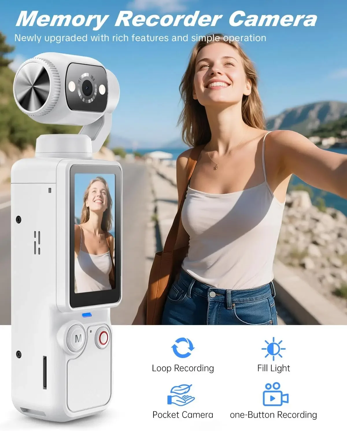 180° Rotating Lens Vlogging Camera Pocket Body Camera Audio Video Recording 7 Hour Battery Handheld Portable POV Cam White - view 2