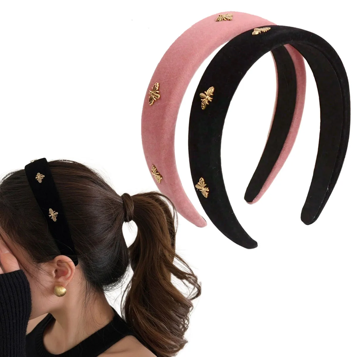 

Little Bee Black Velvet Headband for Women, Autumn and Winter, High-End Feel, High Cranial Pressure Headband, Face Washing Headband, Headwear, Hair Accessory