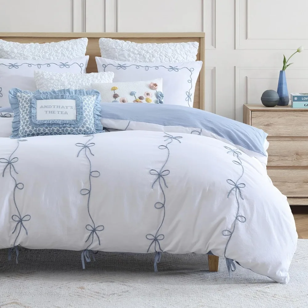 

Vintage Cottage Style 100% Cotton Duvet Cover Set, Twin Size, Blue Bows, 2-Piece
