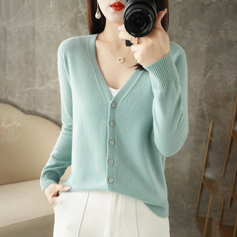 

Autumn Winter V Neck Knitted Cardigans Women Korean Single-Breasted Sweater Coats Woman Basic All Match Long Sleeve Cardigan