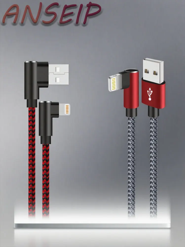 ANSEIP USB to Lightning Cable for iPhone 14 13 12 11 Pro Max Mini 8 7 Plus AirPods iPad Fast Charging 90 Degree Lightning Cable