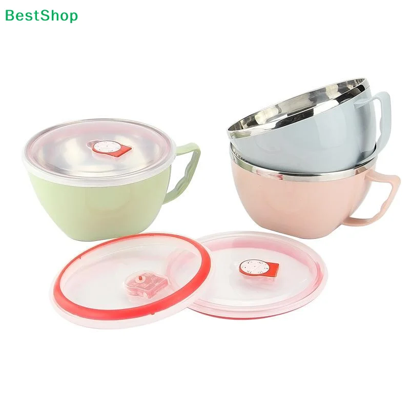 〔R〕1pc Stainless Steel Bowl With Handle Solid Color Anti Scalding Instant Noodles Mixing Bowl Kitchen Tableware Food Accessory