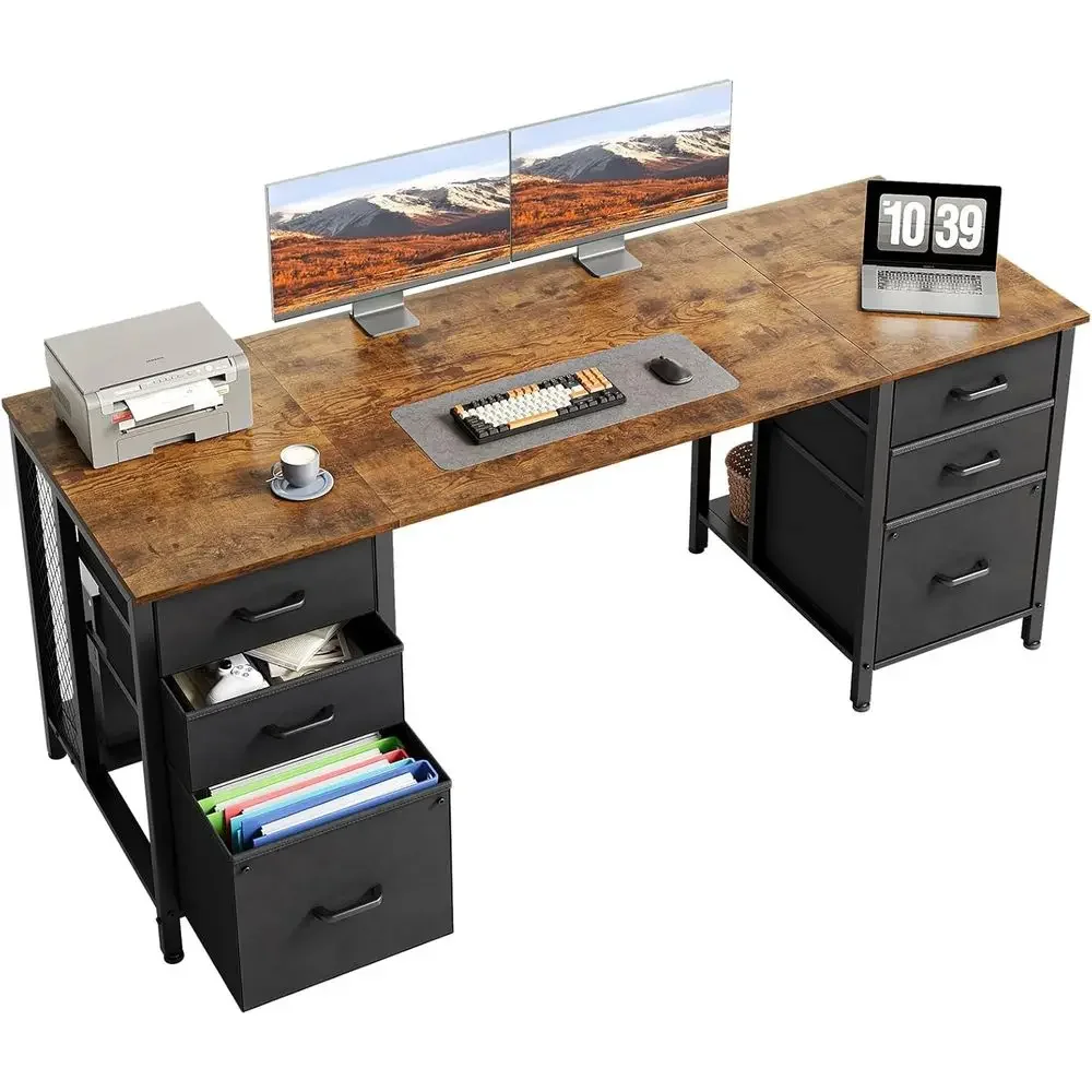 Large 63 Vintage-Style Computer Desk with Storage Cabinet for Home Office, Study, and Gaming