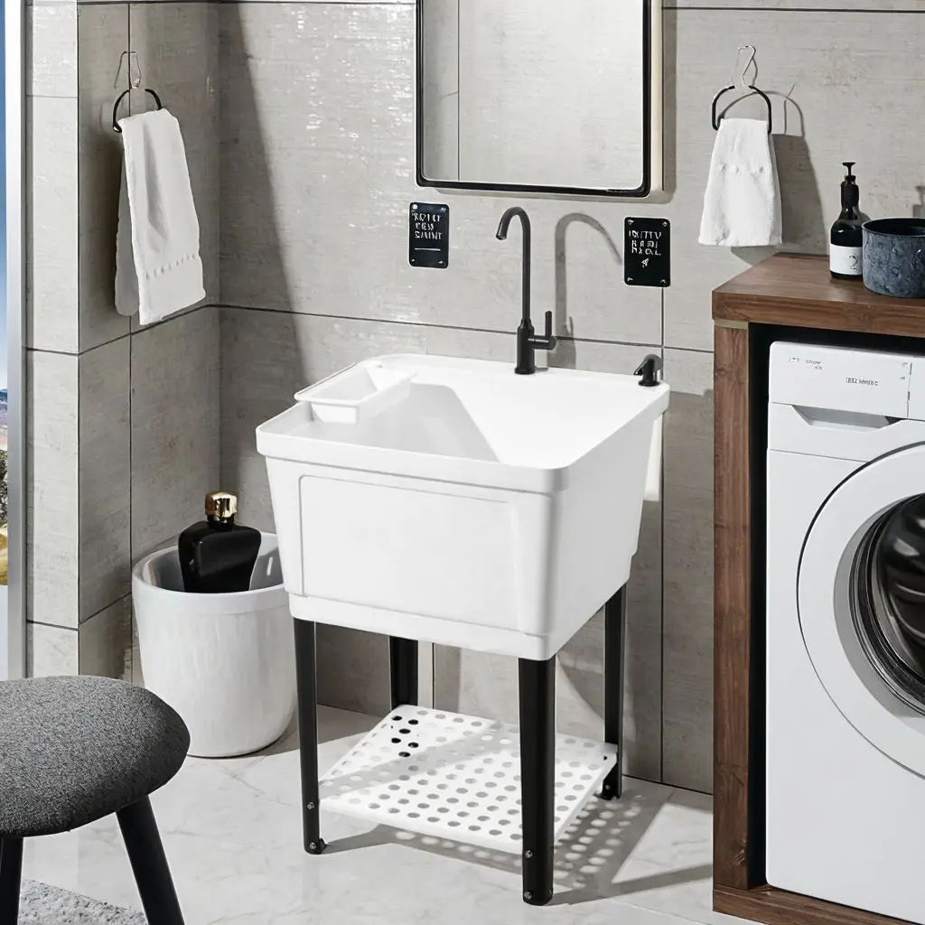

*- Plastic Mobile Washing Sink Laundry Tub with Storage Rack Faucet for Balcony Outdoor Courtyard%