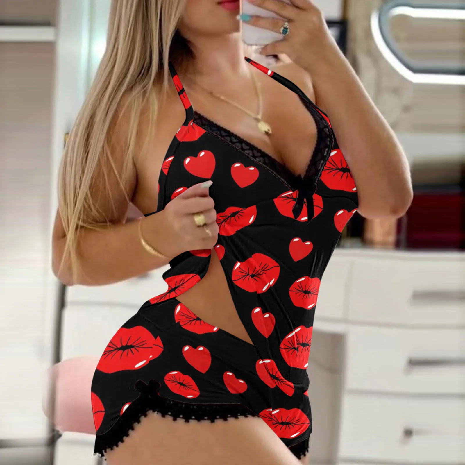 

Womens Sexy Pijama Set Lips Printing Camisole Shorts 2 Piece Set Sleepwear Lace Backless Womens Pajamas Set Casual Home Clothed