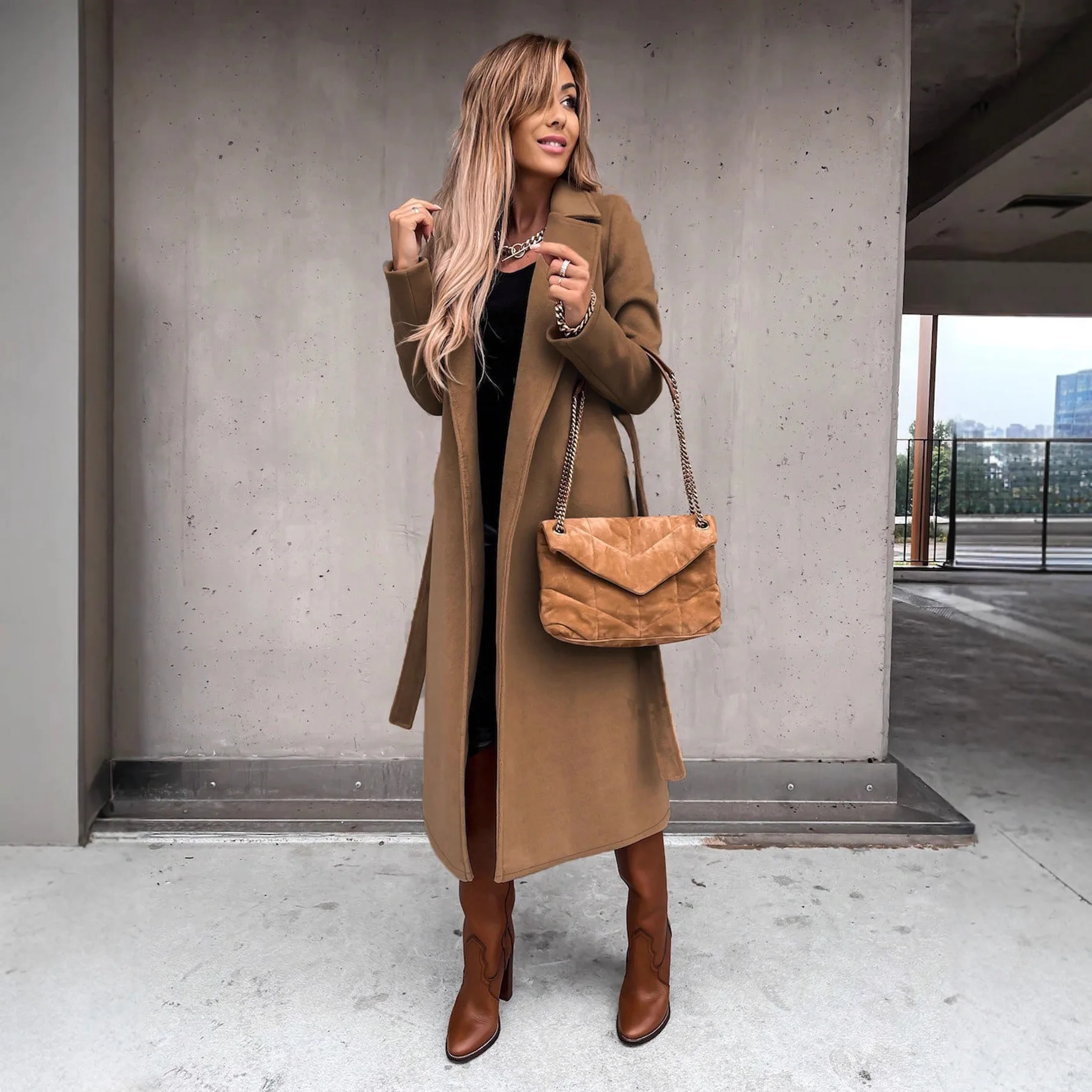 

KIDCRKJ French Style Women Spring Overcoat Vintage Brown Lapel Collar Thickened Female Jacket Long Back Split Chic Lady Coat
