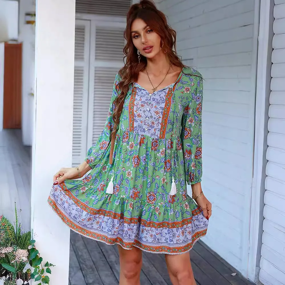 Floral Print Bohemian Casual Vacation Long Sleeve Mini Dress Women\'s Ethnic Style Summer Fashion Dress