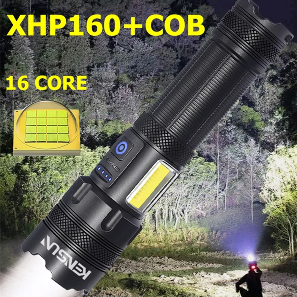 Most Powerfu XHP160 LED Rechargeable 16-Core Flashlight With Side Work light Lantern USB charging Torch Lamp for Camping