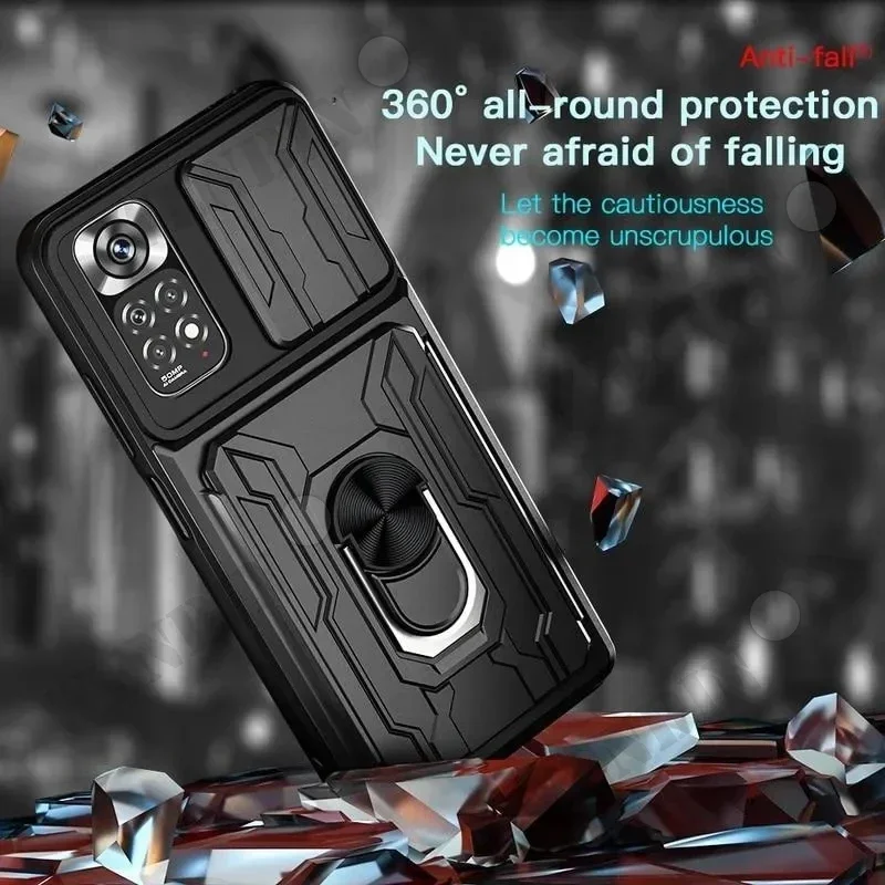 Coque pour Redmi Note 13 Pro Plus, écouteurs X5 Pro, Xiaomi 13T Pro, anneau de support coulissant, caméra magnétique 360, qualité militaire, couvercle de fente pour carte