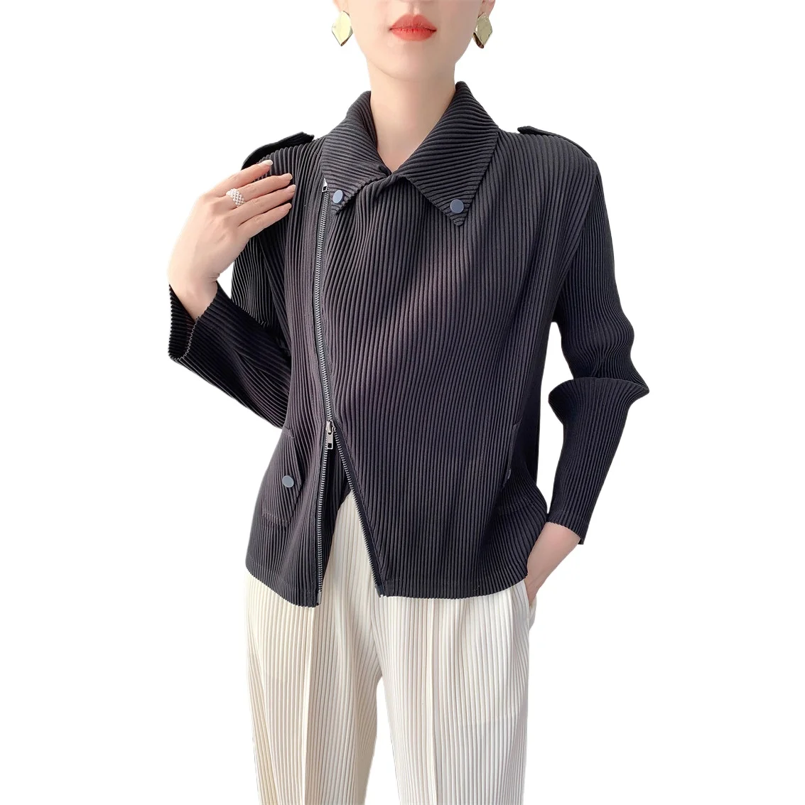 Miyake Folded Large Toothpick Jacket for Women Cross-border Motorcycle Jacket Autumn and Winter Short Zipper Cardigan for Women