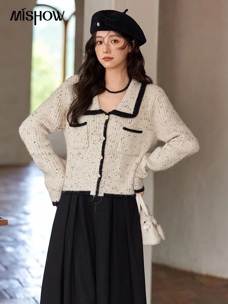 MISHOW Knitted Cardigan Color Clash Sweater Winter New Pockets Design Sweet Romantic Tops Versatile Coat Office Lady MXD55Z1054