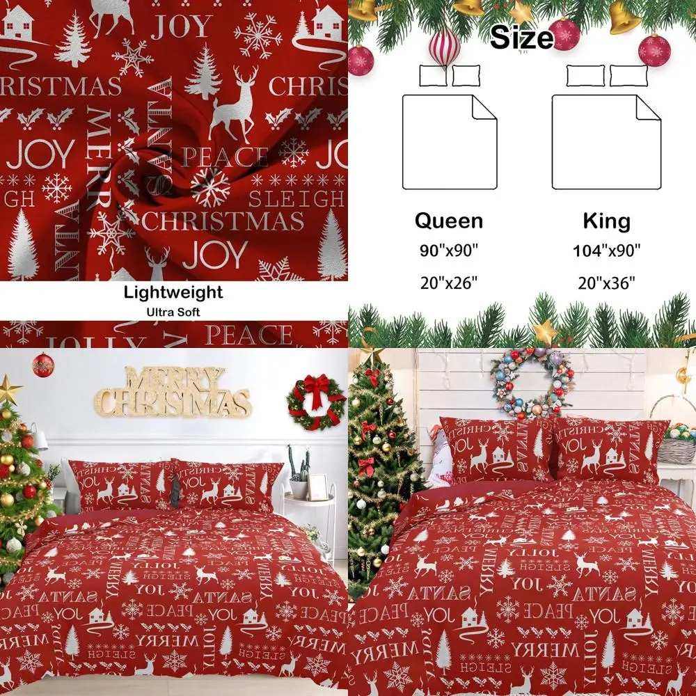 

King Size Christmas Duvet Cover Set with Snowflake Reindeer Print for Holiday Season, Red, 104x90 inches