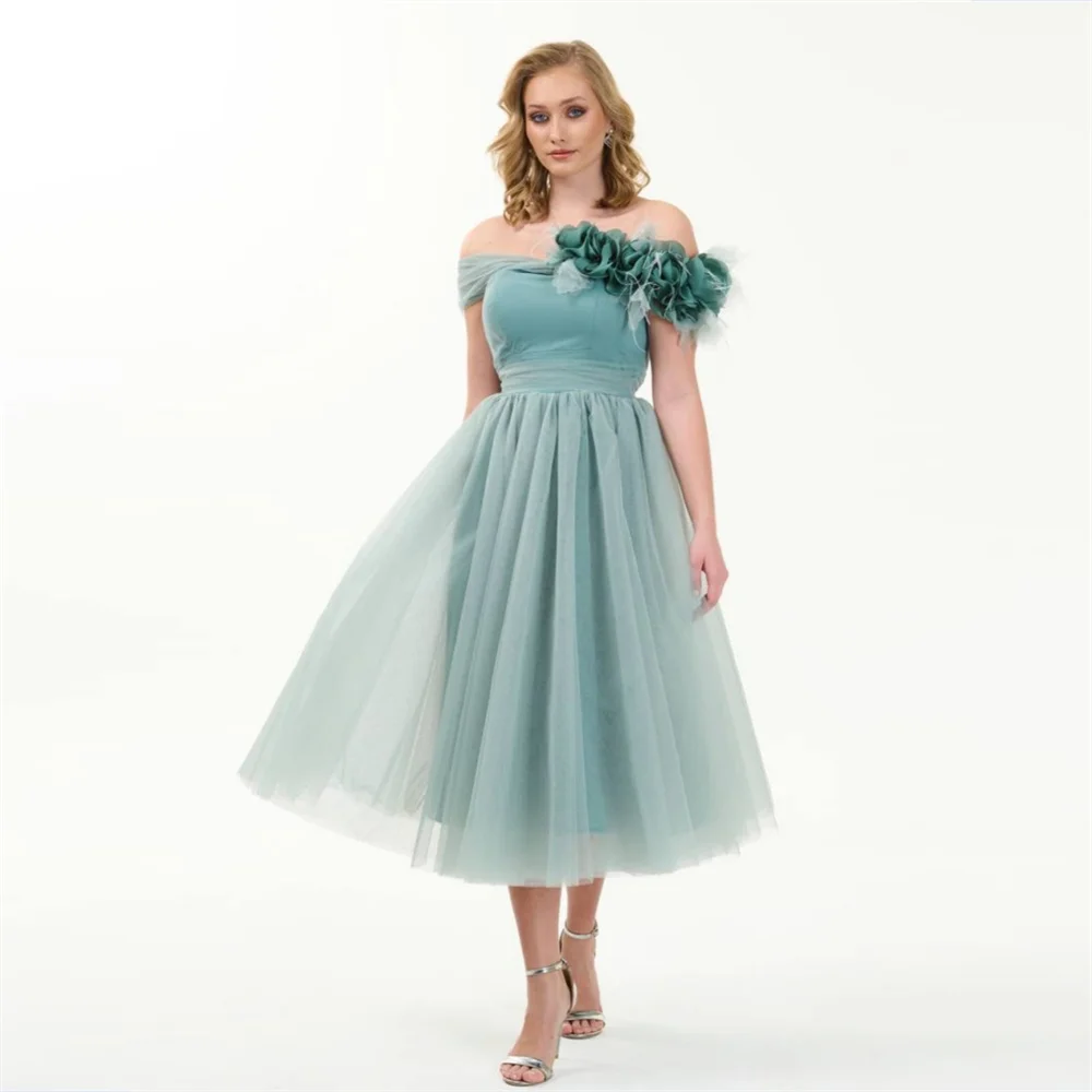 

Customized Formal Dress Saudi Arabia Dearin Off-the-shoulder A-line Tea Length Skirts Draped Tulle Applique Bespoke Occasion Dre