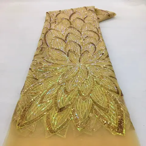 Gold African sequins net lace fabric high quality african french tulle lace embroidery lace fabric for party dress