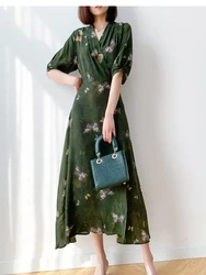 Women Silk Maxi Dress 100% Mulberry Crepe Silk Drak Green Butterfly Printed V Neck Belted Waist Long Dress Big Hem M L XL MM740