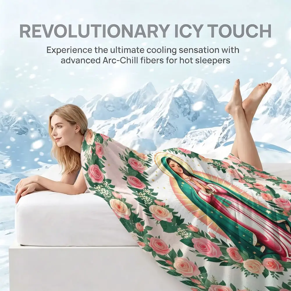 Cooling Blanket Summer Cooling Throw Virgin Mary Print Bed Soft Breathable Ice Touch Moisture Wicking Rose Flower Decor