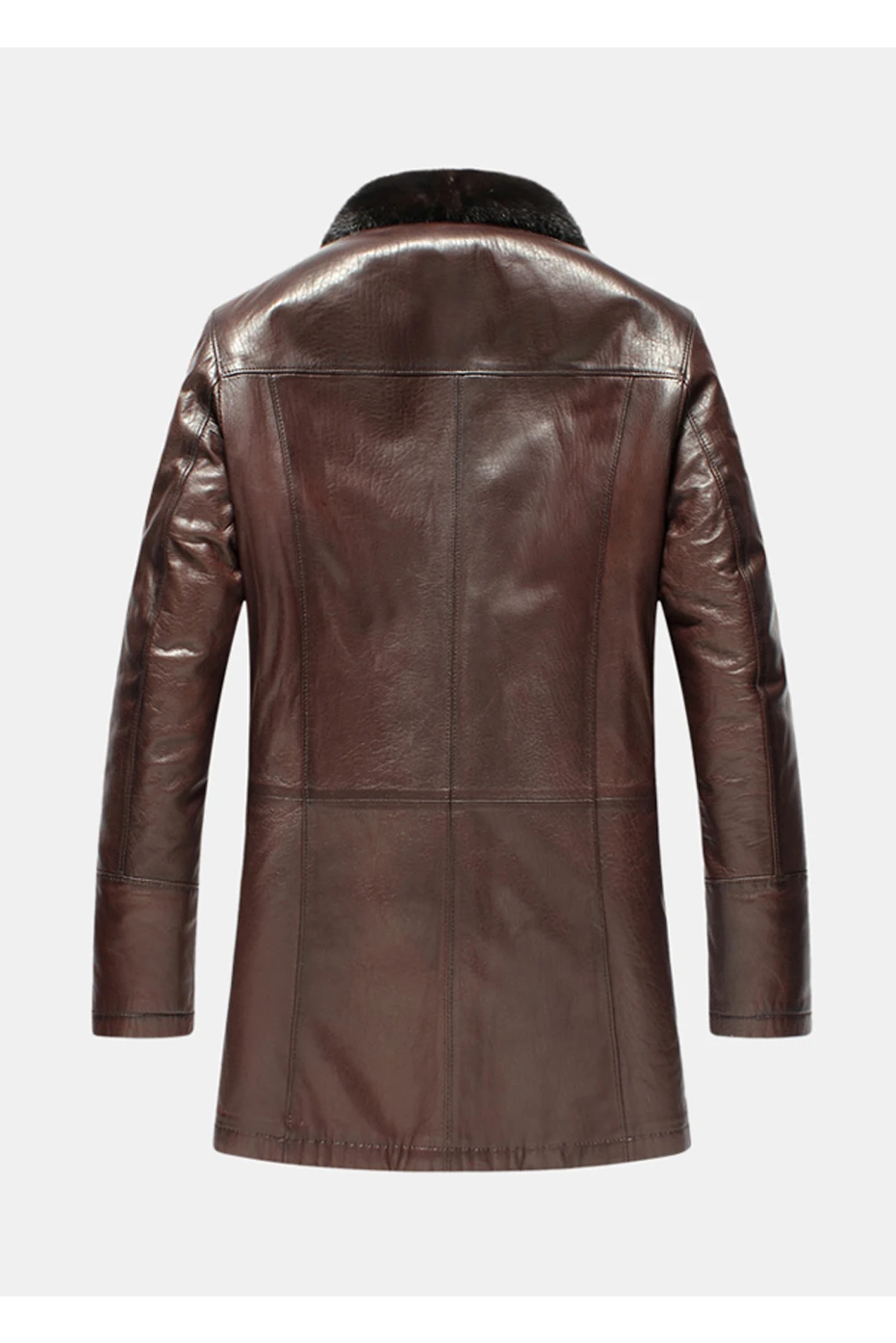 Denny&Dora Men’s Mid-Length Sheepskin Shearling Coat with Mink Fur Collar, Black/Brown Leather Fur Jacket, Warm Winter Jacket