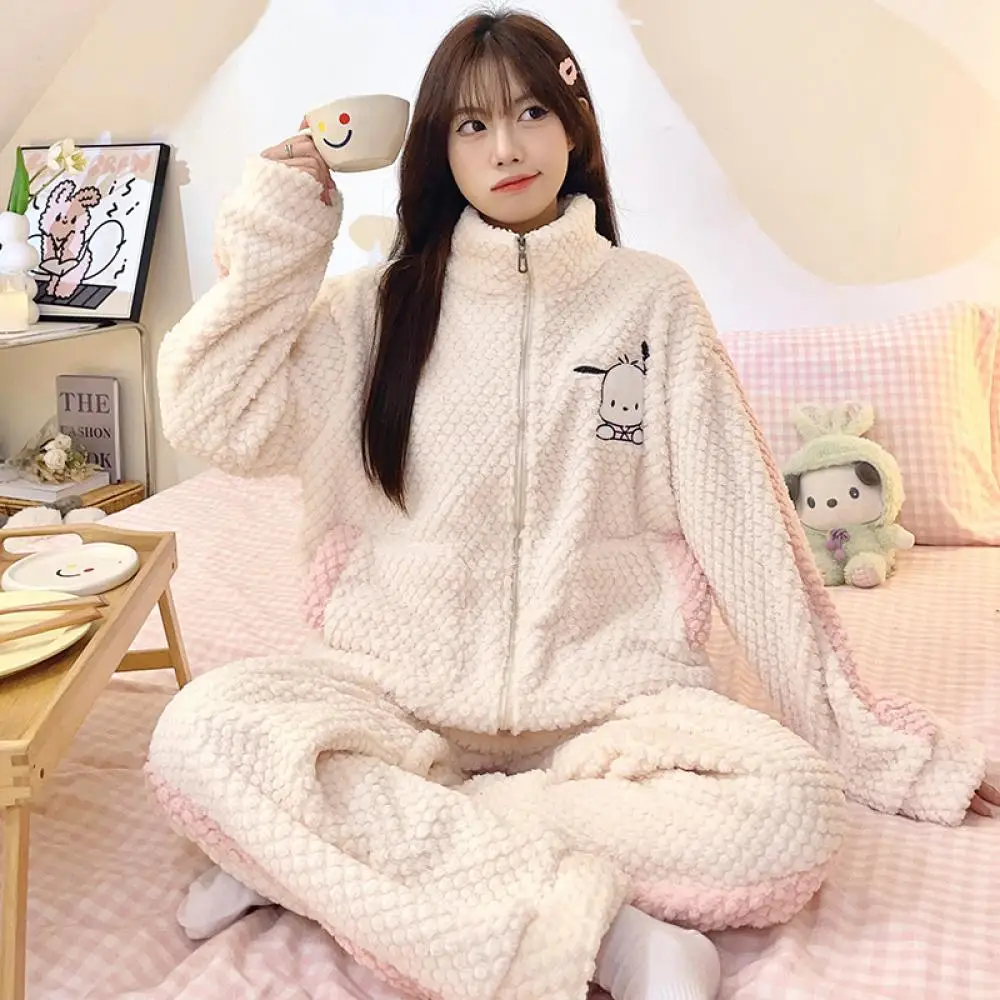 

Cartoon Pochacco Girls Plush Pajamas Suit Anime Kuromi Coral Fleece Soft Winter Tops Pants Women Plush Sleepwear Kawaii Homewear