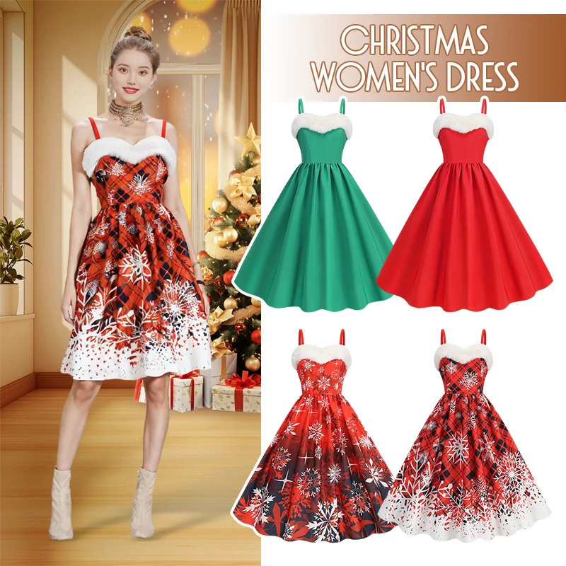 

Women Winter Christmas Dress Sexy Spaghetti Strap Large Swing Dress Party New Year Vintage Robe Xmas Snowflake Printed Dresses
