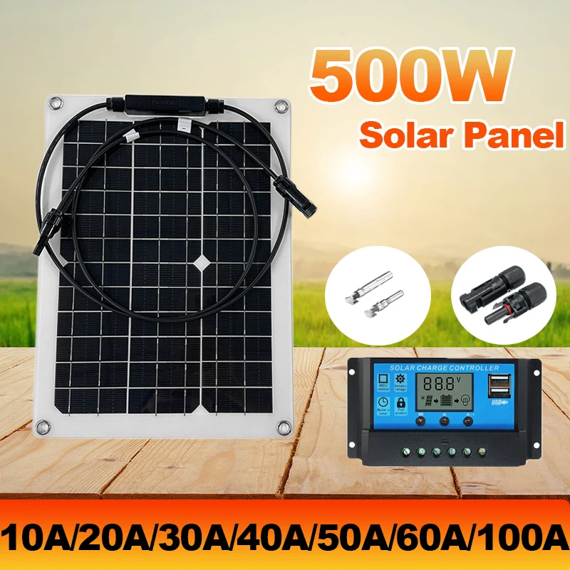 

500W Flexible Solar Panel 12V Battery Charger Dual USB With 10A-100A Controller Solar Cells Power Bank for Outdoor Camping Trip