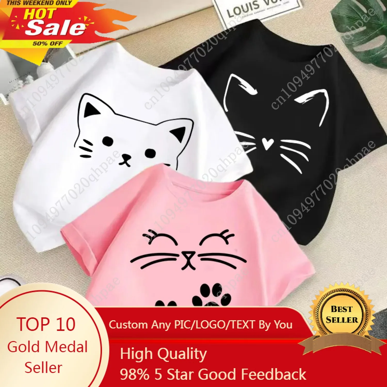 

2025 Summer New Cute Cat Animal Print Candy Color Round Neck Short Sleeved Baby Girl Summer Clothes Trendy Children's T-shirt