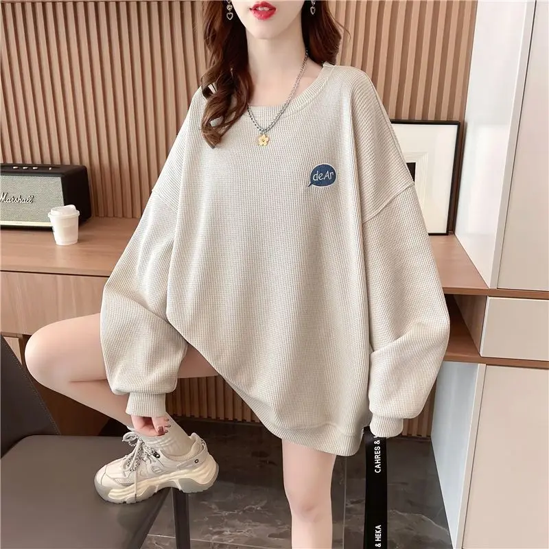 Waffle Amerikan Tarzı Tişörtü Femme İlkbahar Sonbahar kadın kıyafetleri Tiki Tarzı Karikatür Işlemeli Rahat Üst Tee Ceket Kadın