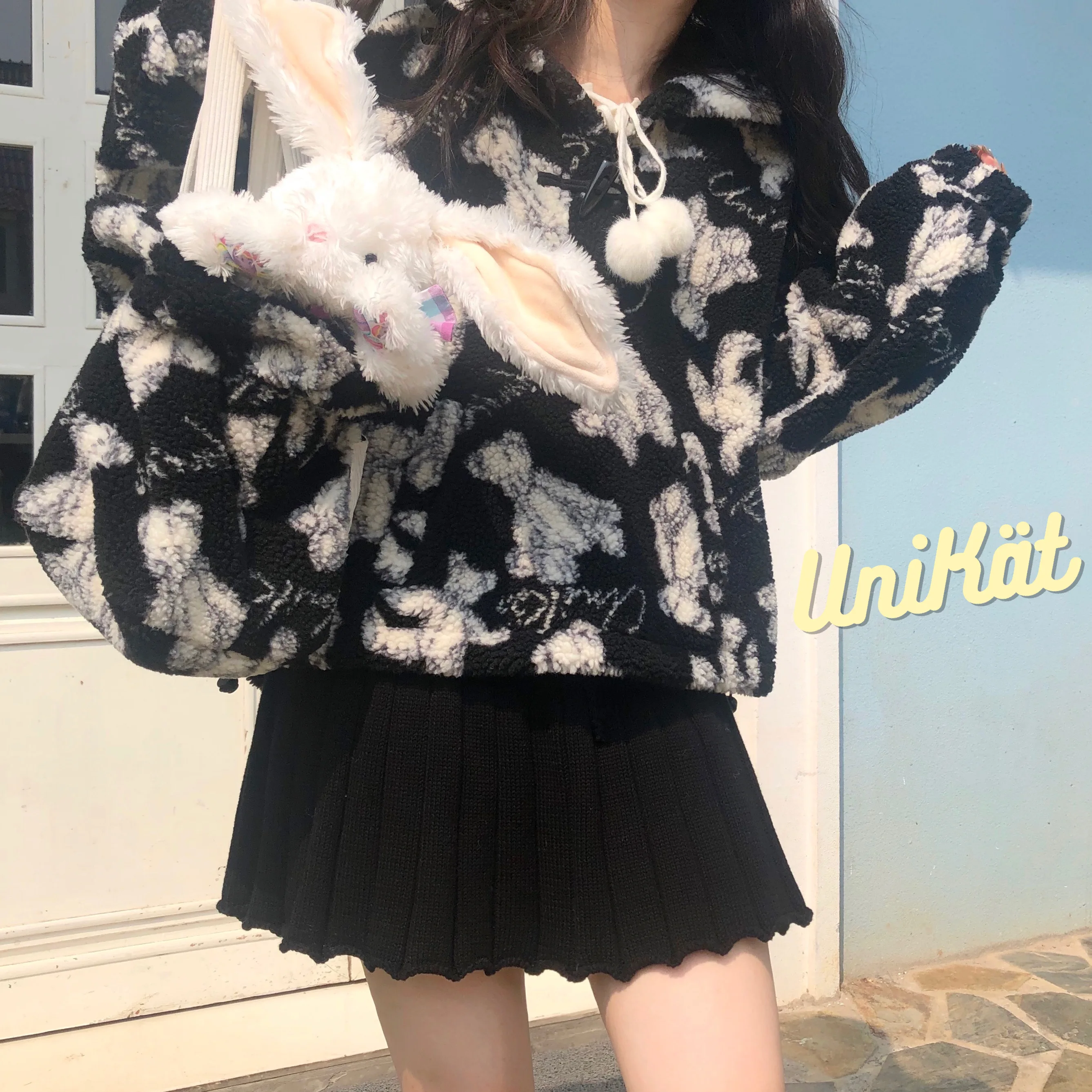 UniKat Winter Universal Match Pure Cotton Knitted Pleated Skirt Comes with Knitted Shorts Base High Waist A-Line Sweet Style