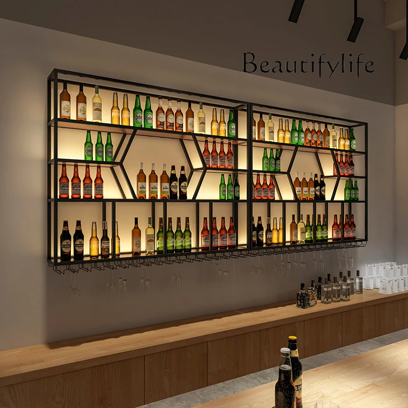 Bar wine cabinet by hanger Wall hanging shelf Restaurant wrought iron wine shelf Wall creative display