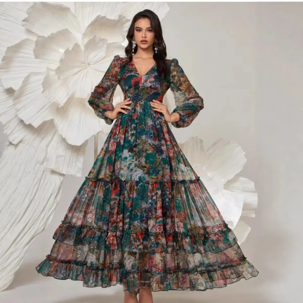 Women Bohemian Vintage Stand Collar Single Breasted Print Maxi Dress Flared Skirt Soft Breathable Flattering Vacation New
