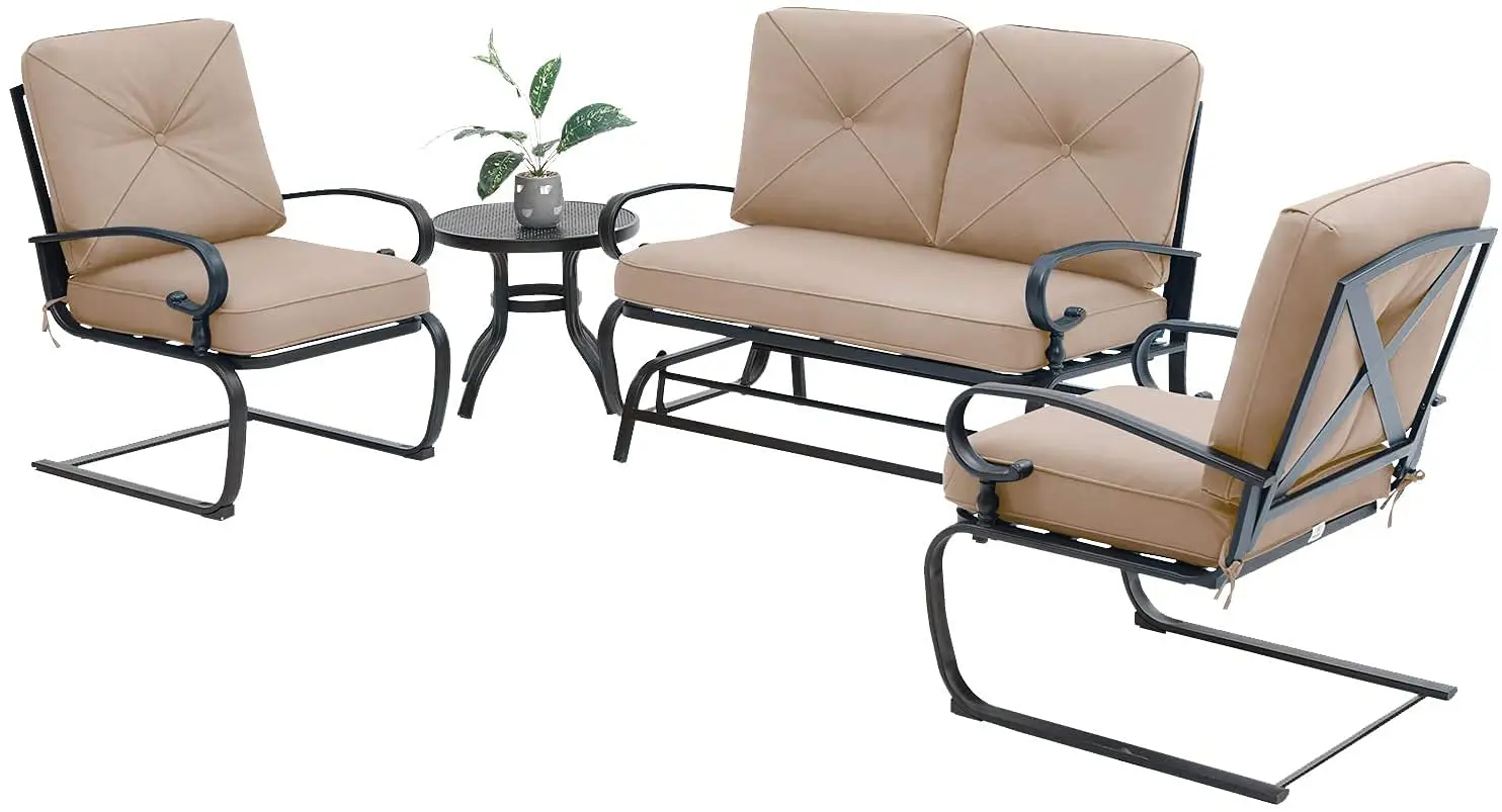 4 Pcs Outdoor Wrought Iron Patio Sofa Set with Glider Loveseat 2 Spring Chairs Coffee Table, Customized