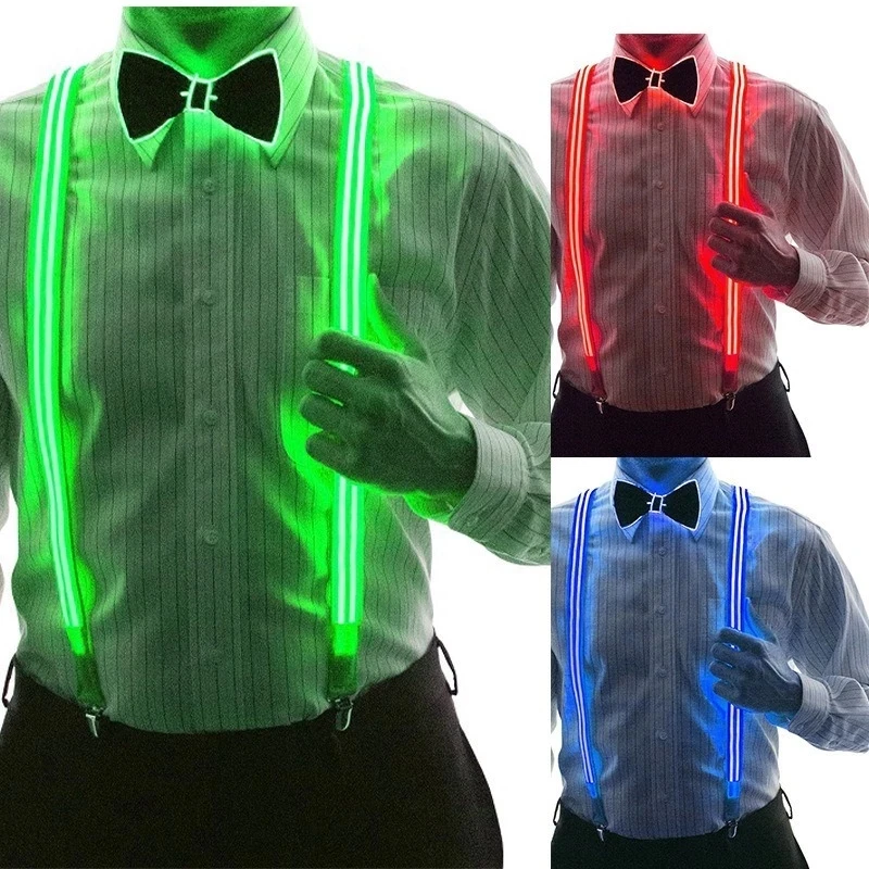 Men's LED Suspenders Luminous Costumes Light Up Bowtie, Burning Man Costume Party Perfect for Music Festival Party